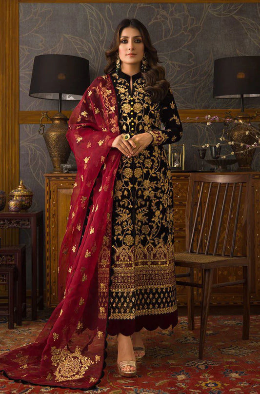 299 3PC Velvet Embroidered Shirt With Organza Embroidered Dupatta