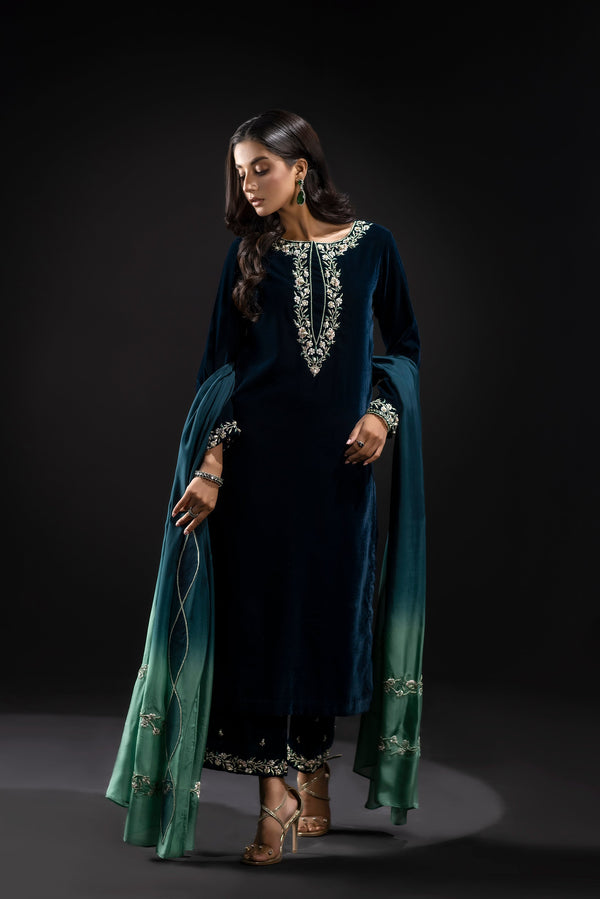 7002 Embroidered Velvet Dress with Embroidered Karandi Shawl