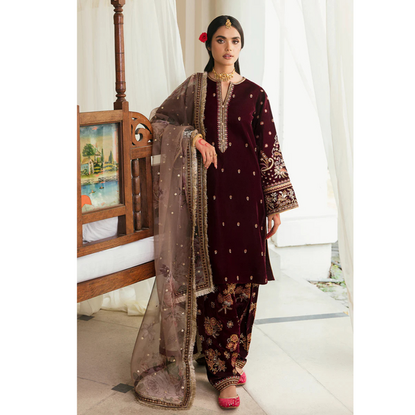 305 - Embroidered Velvet 3-Piece Dress with Organza Dupatta
