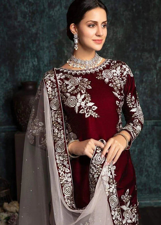 301 - Embroidered Velvet 3-Piece Dress with Organza Dupatta
