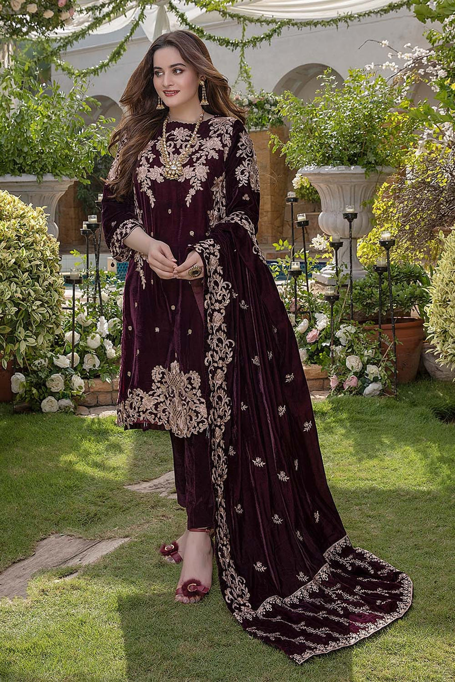 954 Embroidered Velvet Three piece with Velvet Shawl