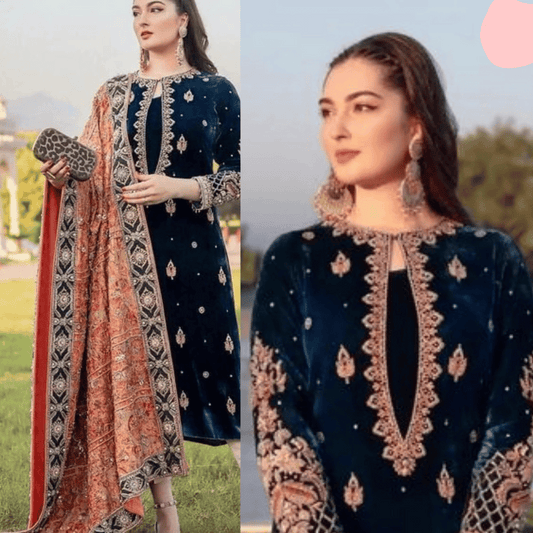 965-3PC Velvet Embroidered Dress With Dhanak Shawl