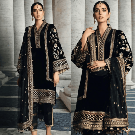 969-3PC Velvet Embroidered Dress With Organza Embroidered Shawl