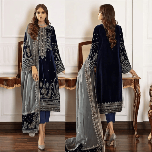 971-3PC Velvet Embroidered Dress