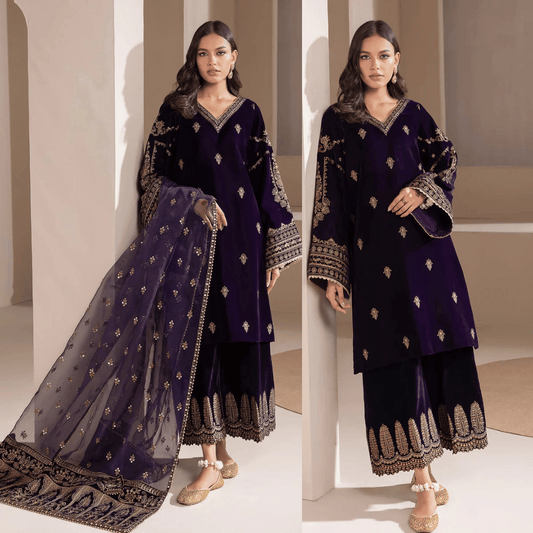972-3piece Embroidered Velvet Dress