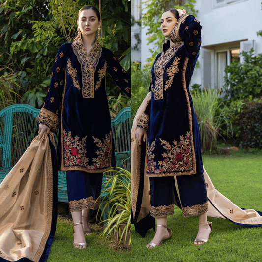980-3 Piece Embroidered Velvet Dress