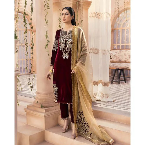 305 - Embroidered Velvet 3-Piece Dress with Embroidered Organza