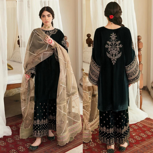 958-3PCs Embroidered Velvet Dress With Embroidered Organza Dupatta