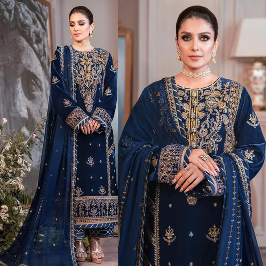 959-3PCs Embroidered Velvet With Embroidered Organza Dupatta