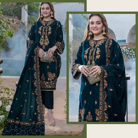 2050 Sequance Embroidered Velvet Three piece With Velvet Shawl