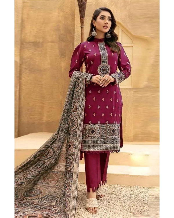3-PC Embroidered Dhanak Dress DEALS OF THE DAY   GUL-56 RED FL